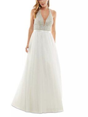 Say Yes to the Prom Juniors' Bead-Embellished Sleeveless Halter Gown Ivory 3
